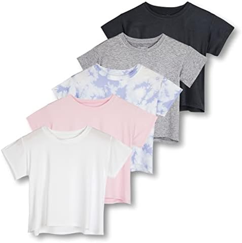 Real Essentials 5 Pack Women's Dry Fit Crop Top - Short Sleeve Crew Neck Stretch Athletic Tee (Available in Plus Size) - Görsel 1