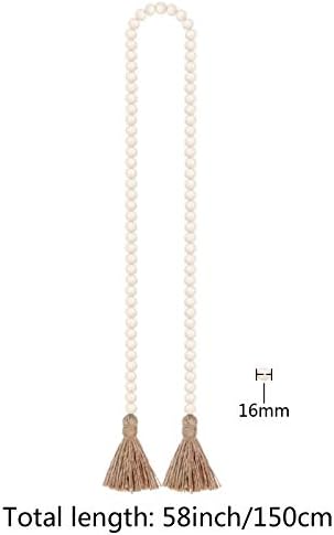 58in Wood Bead Garland with Tassels,Farmhouse Beads Rustic Country Decor Prayer Boho Beads Wall Hanging Decoration (Nature) - Görsel 2