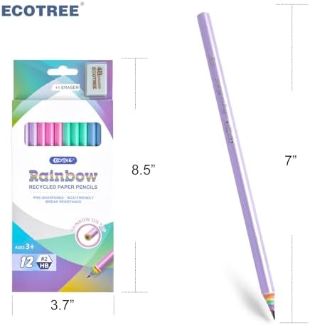 ECOTREE Eco-friendly Wood & Plastic Free Rainbow Recycled Paper #2 HB Pencils For School and Office Supplies, Pre-sharpened,12-Pack - Görsel 5