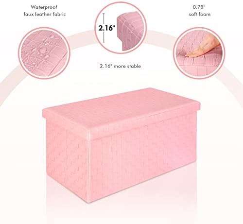 B FSOBEIIALEO Folding Storage Ottoman, Faux Leather Footrest Seat Long Bench Toy Box Chest for Girls, Pink 30"x15"x15" - Görsel 4
