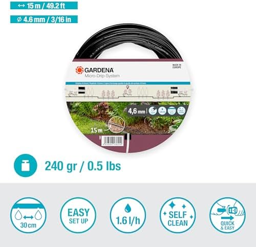 Gardena Micro-Drip Sistemi Akrilik Damlama Borusu Zemin Üstü 4,6 mm (3/16 inç) Damlama Hortumu, Yer Üstü Döşeme için, Su Tasarruflu, Çok Esnek, 15 m (1362-20) - Görsel 2