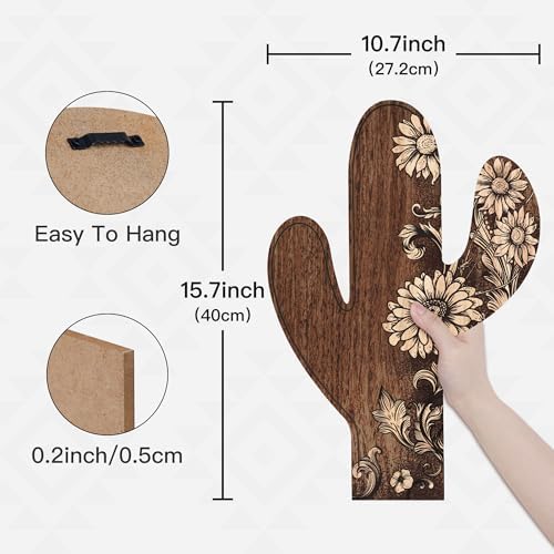 Putuo Decor 2 Pieces Aztec Cactus Decor, Farmhouse Wall Decor, Rustic Flower Patterns Wood Home Decor for Living room, Bedroom, Bathroom, Western Decor - Görsel 3