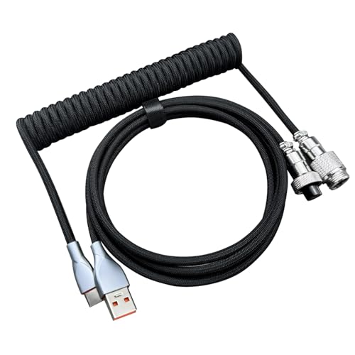 USB C Coiled Keyboard Cable - Gaming Keyboard Coil Cord ,Custom Type Braided Mechanical Keyboard Cable With Detachable Metal Aviator Wire, 1.5M USB-C to USB-A, Computer Decoration Keyboard Wire Black - Görsel 1