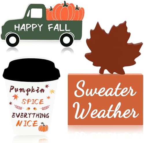 Fall Decor Fall Decorations for Home 4Pcs Wooden Coffee Cup Maple Leaf Car Sweater Weather Sign Farmhouse Table Tiered Tray Decor Thanksgiving Decorations - Görsel 6