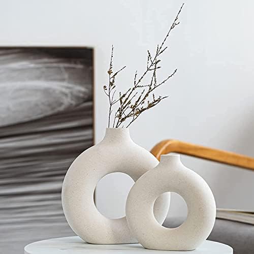 White Ceramic Vases- 2 for Modern Home Decor,Round Matte Boho Vase for Decor,Ceramic Vases Minimalist Nordic Style for Wedding Dinner Table Living Room Office Decorative Vase - Görsel 1