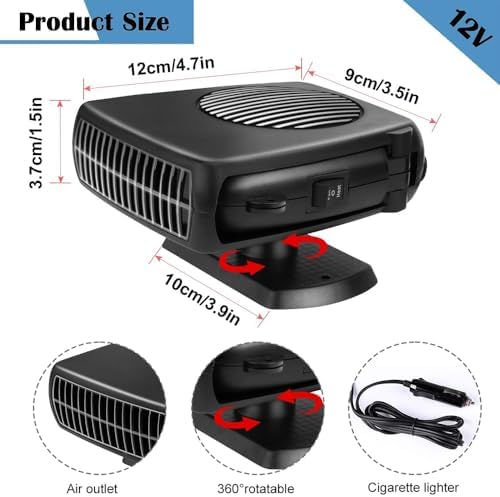 TUIBEIDAMAI Araç ısıtıcısı, 12 V, taşınabilir, araç fanı, saplı, araç ısıtıcısı, 360° dönebilir, buz çözücü, araç ısıtıcısı, buğulanmaz, araç ısıtıcısı, ön cam buz çözücü - Görsel 3