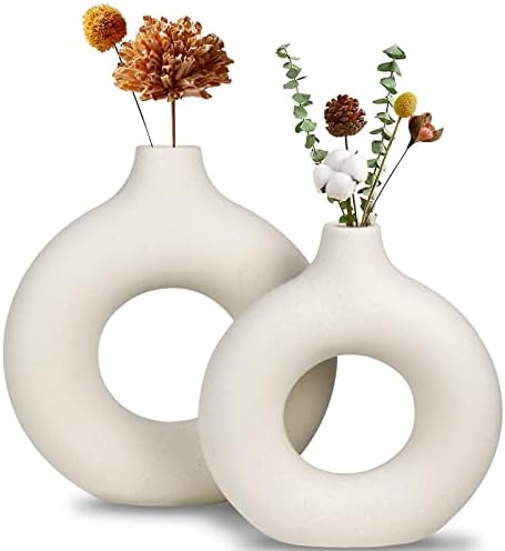 White Ceramic Vase, Modern Vase for Minimalist Decor, Hollow Round Matte Pampas Flower Vases for Boho Home Wedding Party Room Dinner Table Shelf Decor (2pcs) - Görsel 1