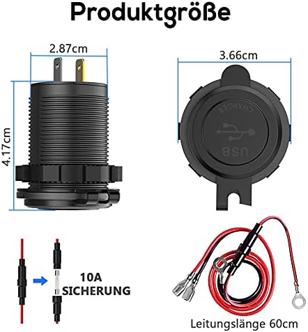 2 x 36 W Quick Charge 3.0 USB priz, 12 V/24 V, şalterli, QC 3.0 araç şarj cihazı, montaj soketi, su geçirmez, çakmak girişi, USB soketi, motosiklet, tekne, kamyon, karavan için - Görsel 6