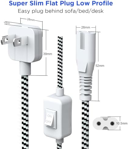 Braided Power Cord with Switch 5ft, Power Supply Replacement AC Cable Flat Wall Plug 2 Prong, Figure 8 Extension Cord for TV, Monitor, Charger, PlayStation, Xbox and Other Electronic Gadgets, White - Görsel 6