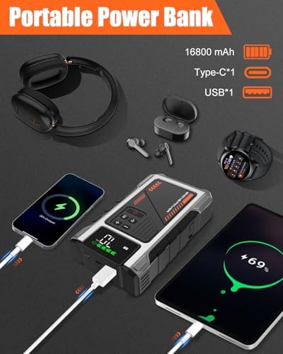 Eigotrav Starthilfe Powerbank mit 150 PSI Luftkompressor, 6000A Auto Starthilfe (Bis zu 7.5L Benzin, 6L Diesel), Tragbarer Starter Powerbank mit LCD Display, LED Taschenlampe - Görsel 4