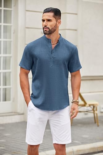 COOFANDY Men's Casual Henley Shirt Short Sleeve Summer Shirt Band Collar Summer Beach Hippie Shirts - Görsel 4