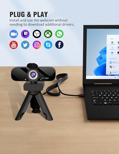 Full HD Webcam with Built-in Microphone and Rotatable Tripod, 1080P Video and Wide Angle Camera, Privacy Cover, for Desktop PC or Laptop Computer - Görsel 6