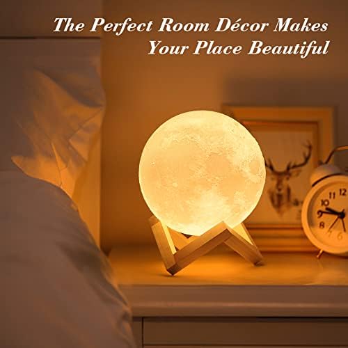 Mydethun 3D Moon Lamp with 5.9 Inch Wooden Base - Mothers Day Gift, LED Night Light, Mood Lighting with Touch Control Brightness for Home Décor, Bedroom, Women Kids Moonlight - White & Yellow - Görsel 2