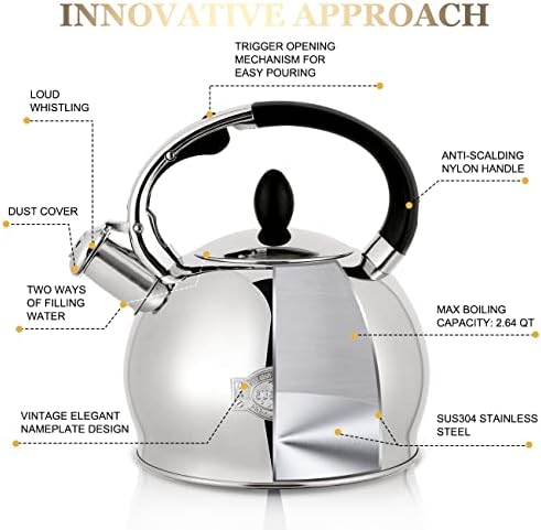 SUSTEAS Stove Top Whistling Tea Kettle-Surgical Stainless Steel Teakettle Teapot with Cool Touch Ergonomic Handle,1 Free Silicone Pinch Mitt Included,2.64 Quart(SILVER) - Görsel 2