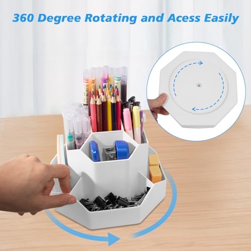 Desk Pen Holder, 9 slot, 360 Degree Rotating Desk Pen Organizer for Teacher Office Supply, Biege - Görsel 4