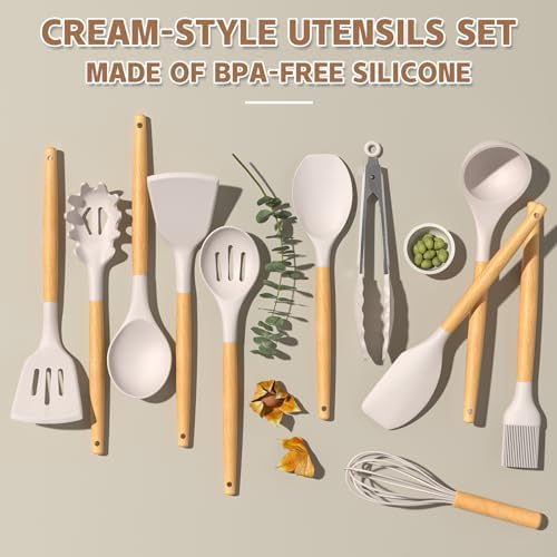 Umite Chef Kitchen Cooking Utensils Set, 33 pcs Non-Stick Silicone Cooking Kitchen Utensils Spatula Set with Holder, Wooden Handle Silicone Kitchen Gadgets Utensil Set (Khaki) - Görsel 4
