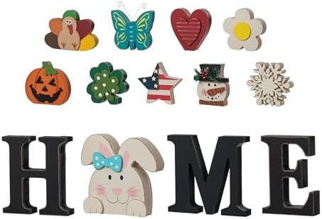 Glitzhome Interchangeable Home Table Signs with 13 Pcs Seasonal Icons, Wooden Interchangeable HOME Sign for Holiday Decor, Home Letter Sign Ornaments Set Interchangeable Holiday Decorative Shelf Sign - Görsel 1