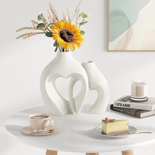 White Vases for Decor, Heart Shaped Ceramic Vase Set of 2, Nordic Heart Shaped Vases, Minimalist Decorative Vase for Table Centerpiece Wedding Dining Living Room Office House Decoration - Görsel 6