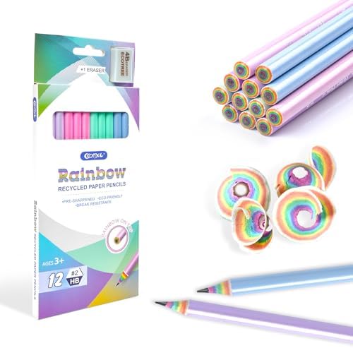 ECOTREE Eco-friendly Wood & Plastic Free Rainbow Recycled Paper #2 HB Pencils For School and Office Supplies, Pre-sharpened,12-Pack - Görsel 2