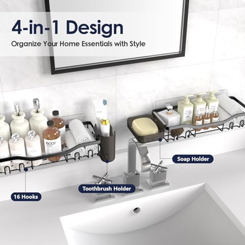 Shower Caddy Adhesive Shower Organizer Bathroom Shower Shelves, Wall Shelf for Inside Shower Storage with Soap Dish&16 Hooks, Rustproof Stainless Steel No Drilling Rack Home Decor 2 Pack Large - Görsel 5