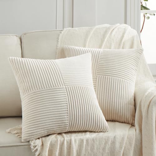 Fancy Homi 2 Packs Boho Cream Decorative Throw Pillow Covers 18x18 Inch for Living Room Couch Bed Sofa, Rustic Farmhouse Home Decor, Soft Corss Corduroy Patchwork Textured Square Cushion Case 45x45 cm - Görsel 1