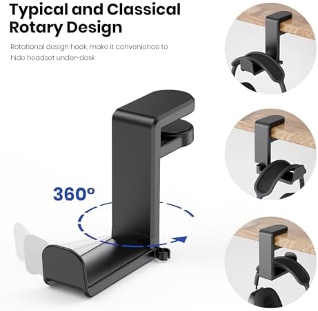 Rotating Headphone Stand - EURPMASK PC Gaming Headset Stand, Adjustable Clamp-on Headphone Holder, Headphone Hanger Hook Under Desk with 360 Degree Swivel&Cable Clip Organizer - Black - Görsel 4