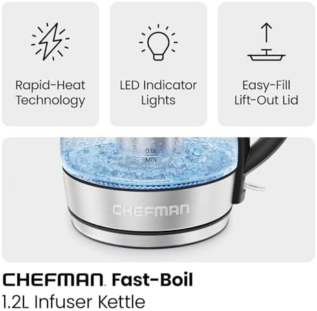 CHEFMAN Electric Kettle - 1.2L 1500W Hot Water Tea Pot with Tea Infuser, BPA Free, Auto Shut Off, Boil-Dry Protection, Removable Lid, LED Light, Cordless Glass Electric Tea Kettle – Stainless Steel - Görsel 3