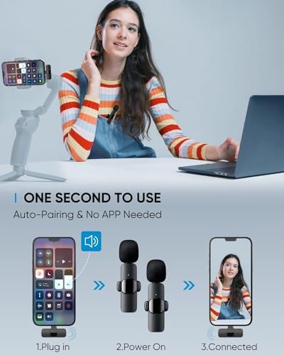 2 Pack Wireless Lavalier Microphone for iPhone iPad, Lapel Mics Plug-Play 2.4G Ultra-Low Delay Built-in Noise Reduction Chip for Video Recording Interview Podcast Vlog YouTube - Görsel 3