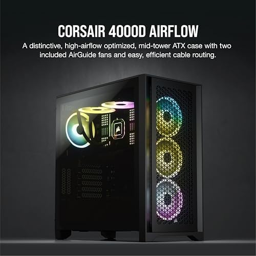CORSAIR 4000D AIRFLOW Tempered Glass Mid-Tower ATX Case - High-Airflow - Cable Management System - Spacious Interior - Two Included 120 mm Fans - Black - Görsel 3