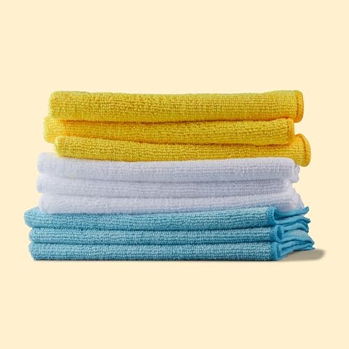 Amazon Basics Microfiber Cleaning Cloths, Non-Abrasive, Reusable and Washable, Pack of 24, Blue/White/Yellow, 16" x 12" - Görsel 5