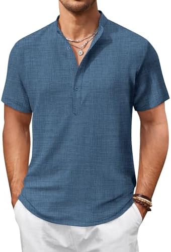 COOFANDY Men's Casual Henley Shirt Short Sleeve Summer Shirt Band Collar Summer Beach Hippie Shirts - Görsel 1