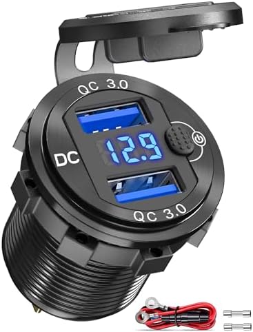 Quick Charge 3.0 USB priz, 12 V, şalterli, araç şarj cihazı, USB montaj soketi, 24 V, su geçirmez, mavi LED voltmetre, gerilim göstergesi, motosiklet, tekne, kamyon, karavan için - Görsel 1