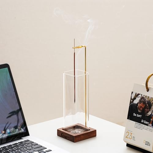 Ceremony Incense Holder, Wooden Incense Holder for Sticks with Glass Ash Catcher, Anti-ash Incense Burner with 20 Incense Sticks and a Ash Brush for Meditation Yoga Spa Room Decor - Görsel 3
