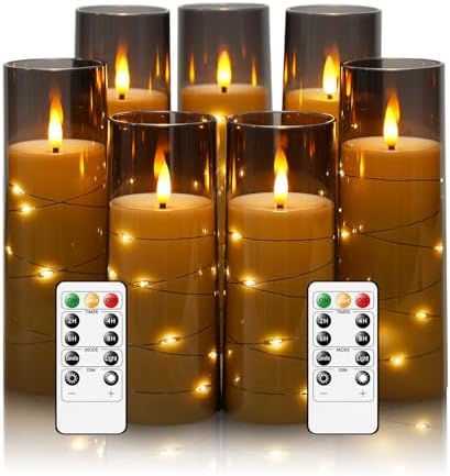 Flameless Candles with Embedded Star String, Battery Operated LED Pillar Candles with Timer and Remote Control,Home Decorating for Ambiance， Set of 7 (D 2.3"×H 5" 5" 6" 6" 7" 7" 7")(Grey) - Görsel 1