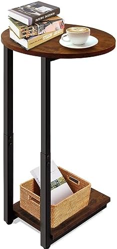 C-Shaped End Table, Snack Side Table for Couch, End Table for Small Space, Rustic Brown and Black C Table with Metal Frame, Sofa Side End Table, Small Table for Living Room, Bedroom, Sitting Room - Görsel 1