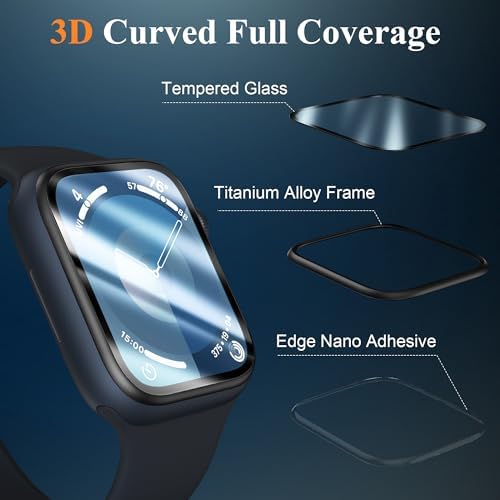 EWUONU [2 Pack Tempered Glass Screen Protector for Apple Watch Series 9 Series 8/7 45mm, Metal Frame Full Coverage Waterproof Bubble-Free Anti-Scratch HD Clear Film for iWatch 9/8/7 45mm,Black - Görsel 2