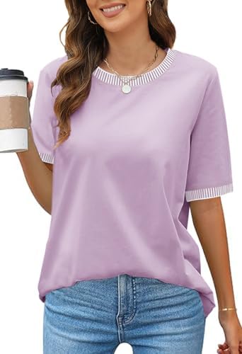 MEROKEETY Women's 2024 Short Sleeve Striped Color Block T Shirts Crewneck Loose Casual Tee Tops - Görsel 1