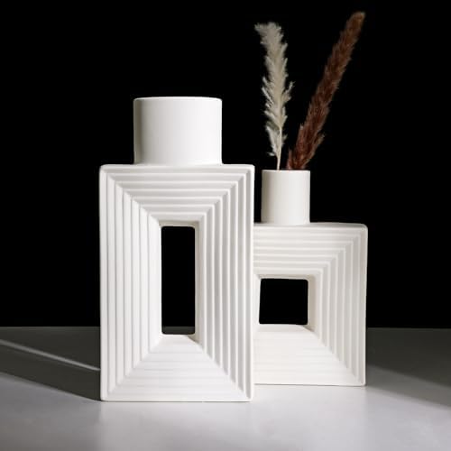 CEWOR White Ceramic Vase Set of 2, Square Boho Vase for Rustic Home Decor, Minimalist Nordic Style for Living Room Mantel Entryway Shelf Centerpiece Table Decor - Görsel 5