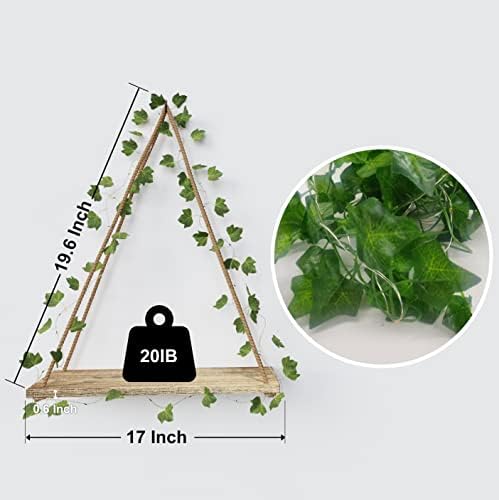 RICHER HOUSE Artificial Ivy LED-Strip Wall Hanging Shelves Set of 2, Macrame Shelf for Bedroom Bathroom Living Room Kitchen, Wood Hanging Plant Shelves for Wall Décor - Görsel 3