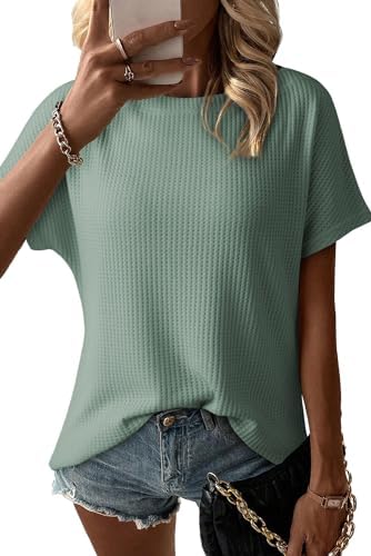 Dokotoo Women's Casual Boat Neck Short Sleeve Waffle Knit Shirts Loose Summer Tunic Tops Blouses - Görsel 1