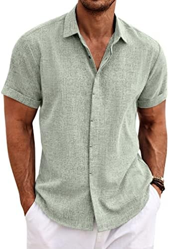 COOFANDY Men's Linen Shirts Short Sleeve Casual Shirts Button Down Shirt for Men Beach Summer Wedding Shirt - Görsel 1