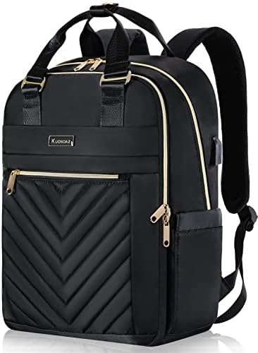Black Backpack for Women, School Backpack for Teen Girls, 15.6 Inch Quilted Backpack Purse with USB Port, Work Business Teacher Student Computer Bag, College Bookbags Casual Daypacks, Black - Görsel 1