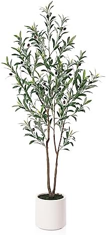 Artificial Olive Trees, 5 ft Tall Fake Olive Trees for Indoor, Faux Olive Silk Tree, Large Olive Plants with White Planter for Home Decor and Housewarming Gift, 1 Pack - Görsel 1