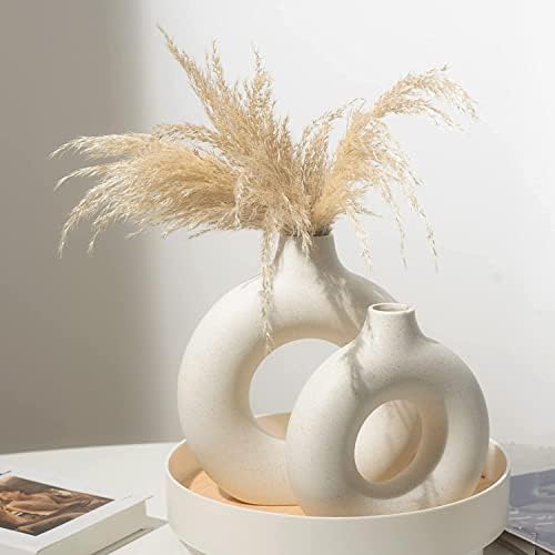 White Ceramic Vases- 2 for Modern Home Decor,Round Matte Boho Vase for Decor,Ceramic Vases Minimalist Nordic Style for Wedding Dinner Table Living Room Office Decorative Vase - Görsel 5