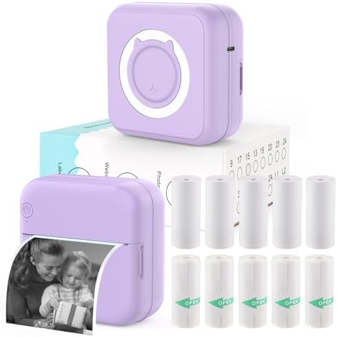 Mini Sticker Printer - Mini Pocket Printer for iPhone Thermal Printer with 10 Rolls Thermal Paper for Journal, Memo, Photo, Purple - Görsel 1
