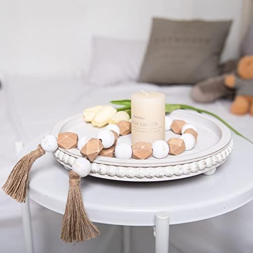HPC Decor 12in Round Tray for Home Decor- White Wood Beaded Tray- Decorative Round Tray for Living Room Decor, Coffee Table Decor, Kitchen Table Decor or Farmhouse Serving Tray - Görsel 2