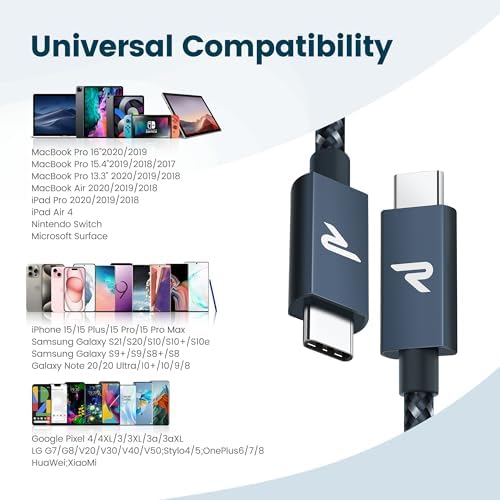 RAMPOW USB C to USB C Cable • 100W • USB 3.2 Gen 2X2 • 20Gbps • 6.6ft • Thunderbolt 3 Compatible with iPhone 15, Nintendo Switch, MacBook Pro, iPad, Laptops, Samsung, Pixel • Navy Blue - Görsel 7