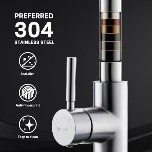 WEWE Single Handle High Arc Brushed Nickel Pull Out Kitchen Faucet,Single Level Stainless Steel Kitchen Sink Faucets with Pull Down Sprayer - Görsel 4