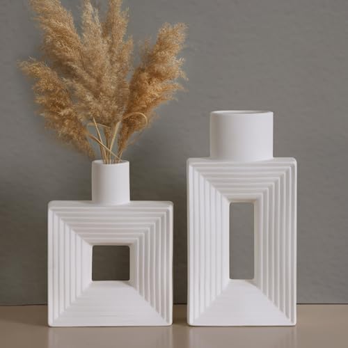 CEWOR White Ceramic Vase Set of 2, Square Boho Vase for Rustic Home Decor, Minimalist Nordic Style for Living Room Mantel Entryway Shelf Centerpiece Table Decor - Görsel 1