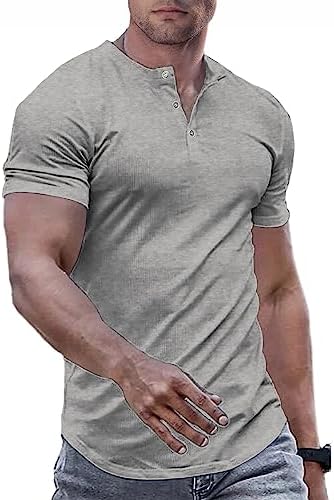 JMIERR Men's Muscle Slim Henley Shirts Crewneck Longline T-Shirt Gym Workout Athletic Shirt Tees with Button - Görsel 1
